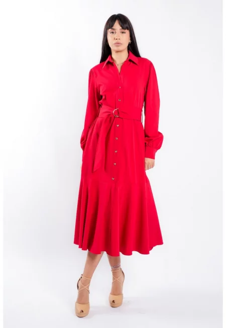 Rochie camasa cu cordon si croiala ampla - Червен