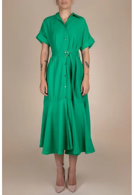 Rochie-camasa midi cu volane si cordon in talie