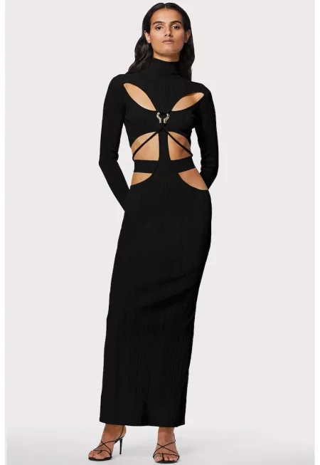 Rochie lunga cu guler inalt si cu decupaje - Черен