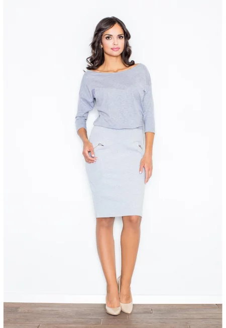 Рокля  деколте тип лодка - сива - елегантна - памучна -