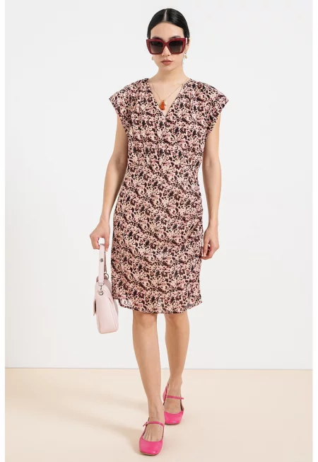 Рокля с шпиц и абстрактен принт - Тъмновиолетов/Мръснобял