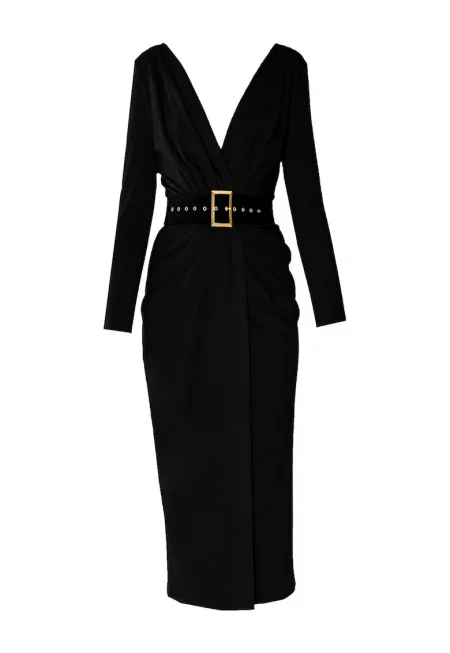 Рокля Sting с шпиц и колан - Черен