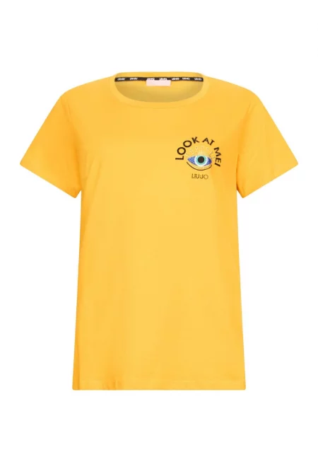 Тениска от памук с декоративни камъни - Жълт