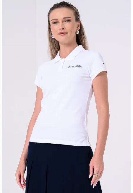 Тениска с памук с яка и лого - Бял