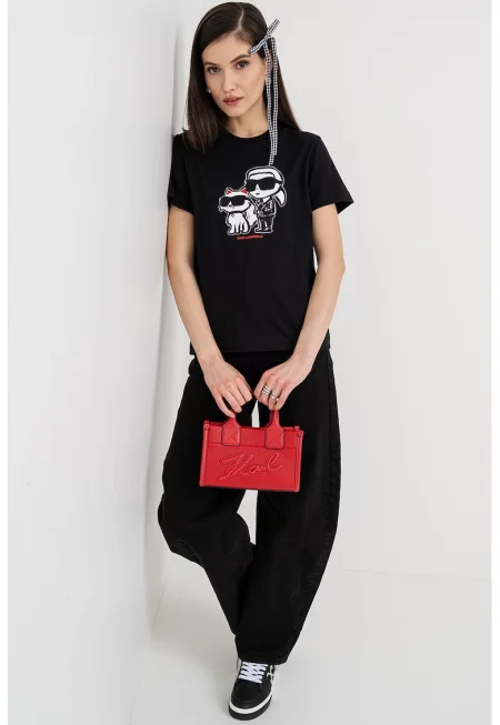 Тениска с шарка и овално деколте - Черен