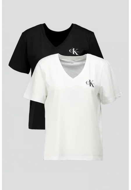 Тениска с шпиц и лого - 2 броя - Черен/Бял