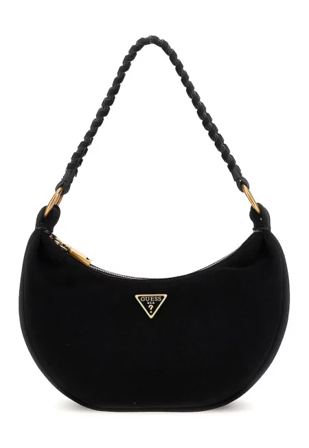 Велурена чанта през рамо с цип - Черен