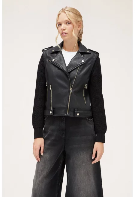 Яке от еко кожа с отделящи се ръкави - Черен