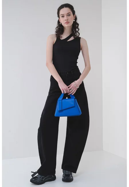 Асиметричен рипсен топ - Черен