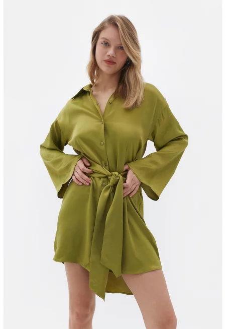 Асиметрична рокля тип риза с колан - Маслинено зелено