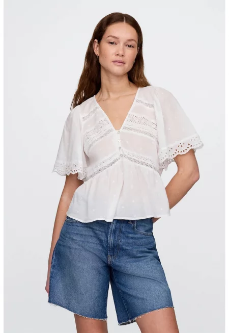 Блуза с къси ръкави и перфорации - Мръснобял