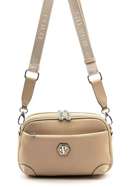 Чанта през рамо от еко кожа на каре - Бежов