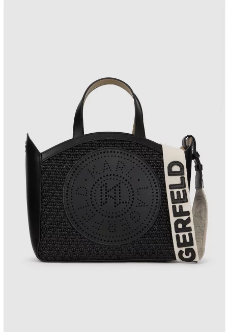 Чанта за рамо с кроше и презрамка с лога - Черен