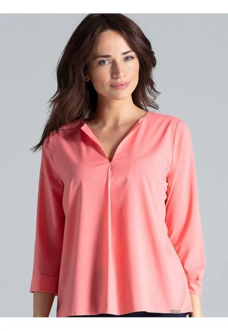 Дамска блуза - Ленитиф - розово - дълъг ръкав - V-образно деколте - полиестер