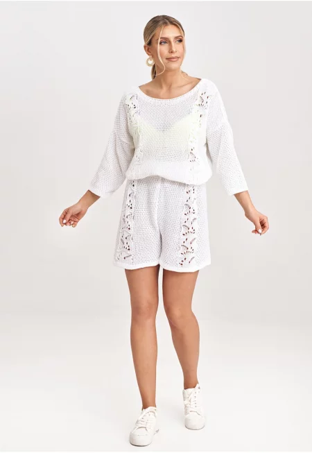 Дамски плетен комплект -  блуза с 3/4 ръкав и шорти - екрю - 50% акрил - 50% памук -