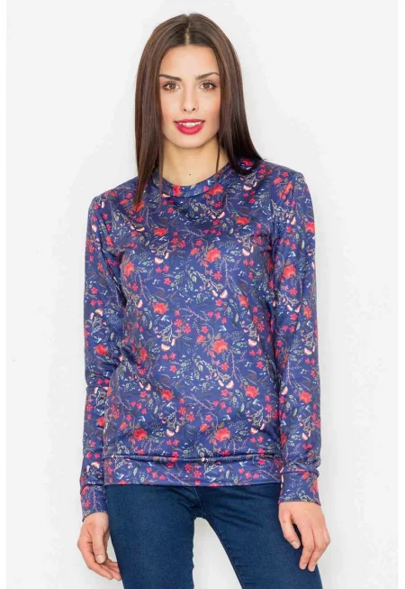 Дамски суитшърт  тъмносин - флорален модел - полиестер