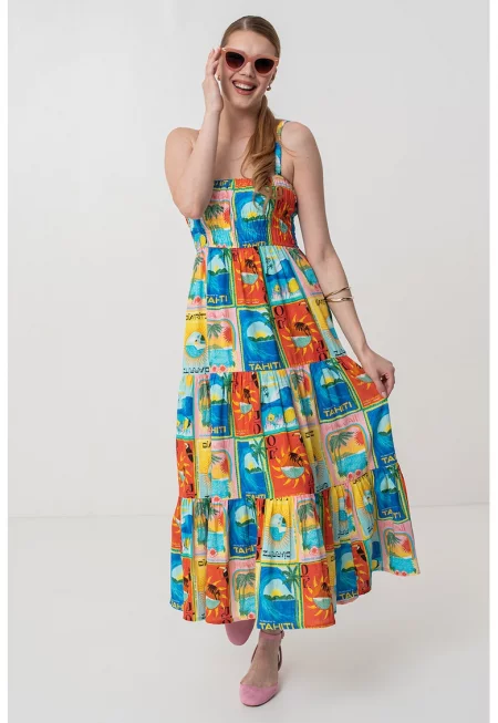 Десенирана миди рокля с разкрояване - Жълт/Оранжев/Син