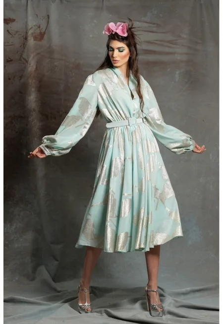 Десенирана рокля Sanziana с дълги ръкави - Зелен