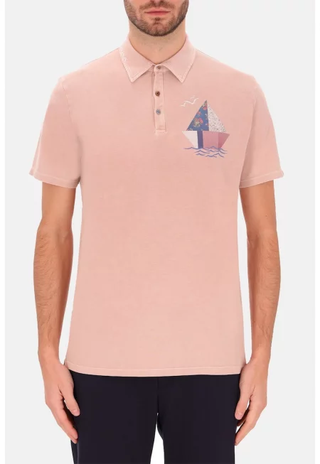 Distretto - Памучна тениска с яка и фигурален принт - Прашно розово