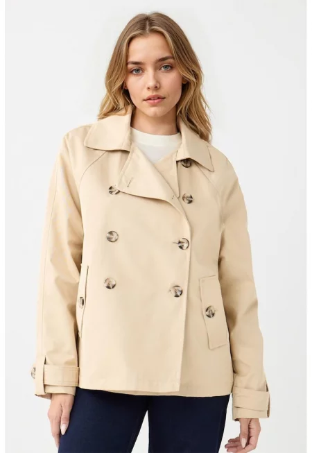 Двуреден къс тренч със странични джобове - Бежов