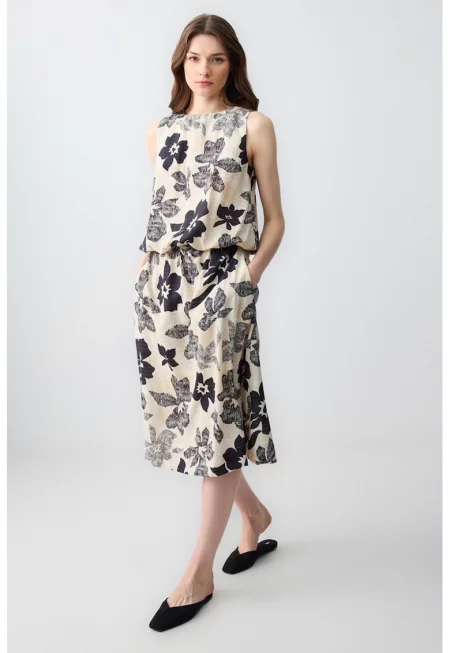 Флорална пола с джобове - Черен/Бежов