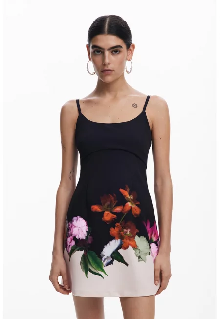 Флорална рокля с къси ръкави - Зелен/Черен/Оранжев