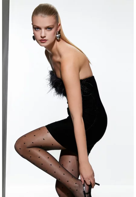 Кадифена рокля с пера - Черен