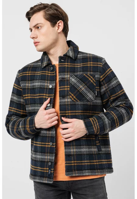 Карирано яке с класическа яка - Сив/Тъмносин/Синапено жълто