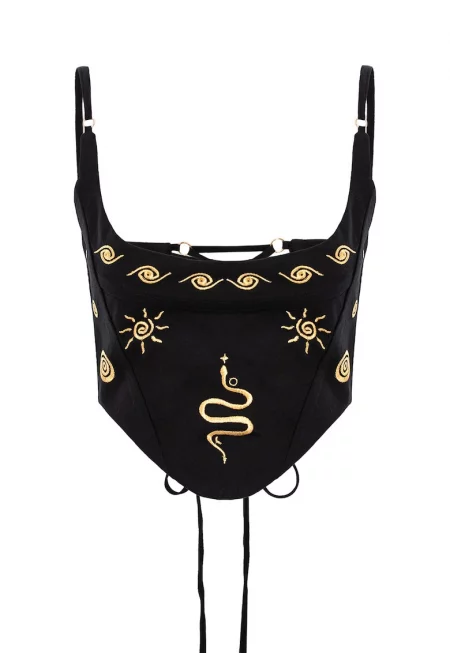 Къс топ с бродерии - Черен/Бежов