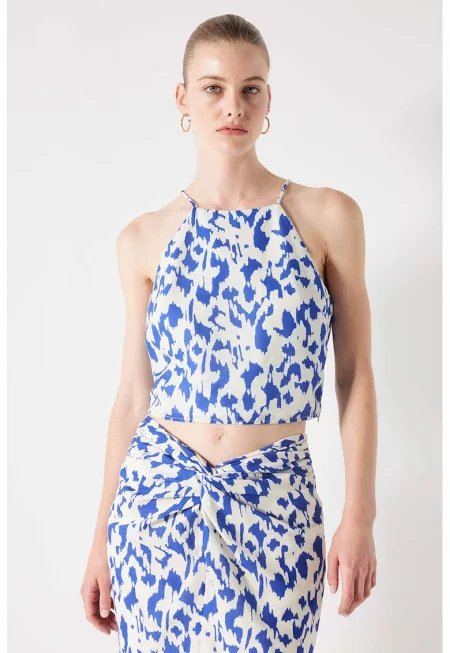 Къс топ с принт - Бял/Кралско Синьо