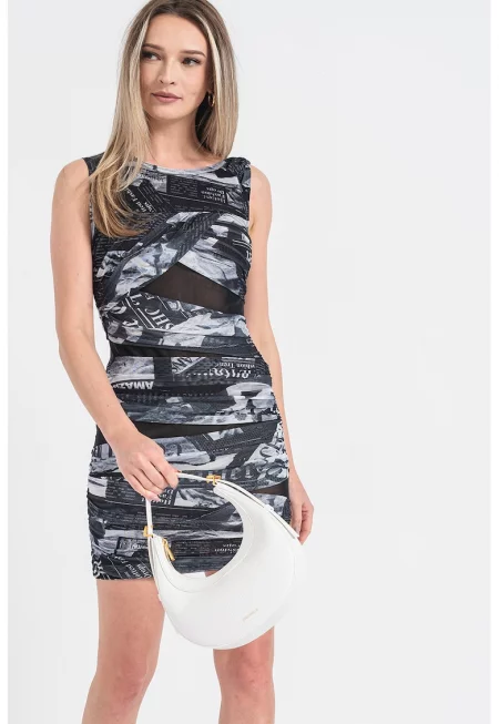 Къса вталена рокля с принт - Черен/Мръснобял/Tъмносив