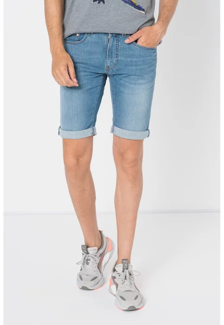 Къси дънки със захабен ефект - Светлосин