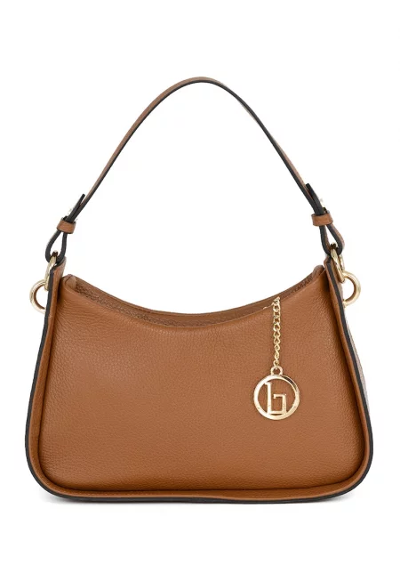 Кожена чанта за рамо с отделяща се презрамка-верижка - Карамел