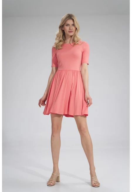 Лятна рокля  къс ръкав - цвят корал - вискоза