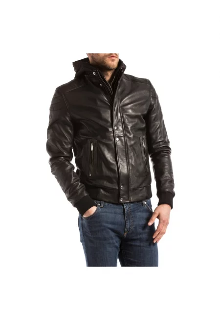 Мъжко яке  BROWN - Кожа - Качулка - Черно - Черен