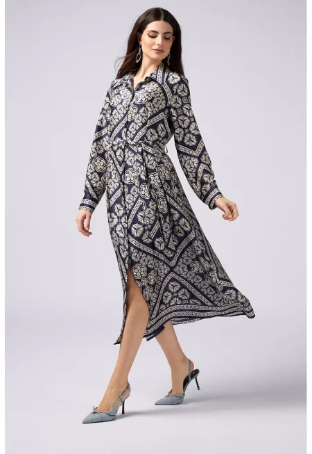 Миди рокля с принт - Слонова кост/Тъмносин