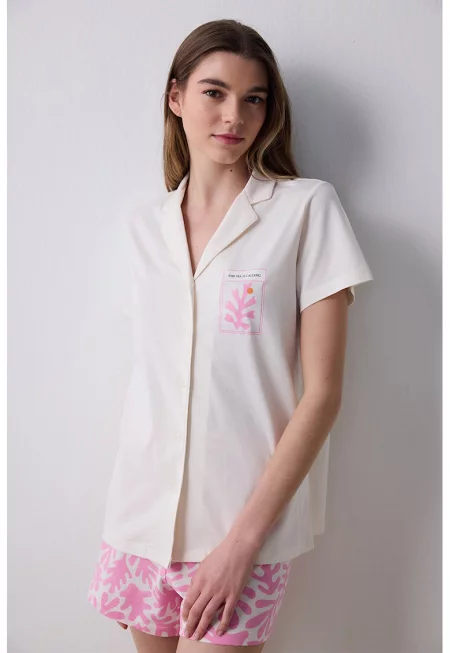 Памучна горна пижама тип риза и къс панталон - Бял/Розово