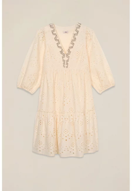 Памучна рокля с бродерии - Светло бежово