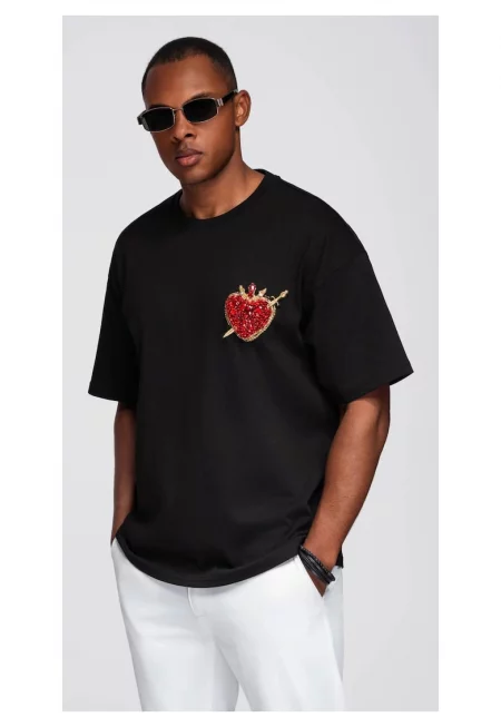 Памучна тениска с бижута на гърдите  OM-TSCT-0290