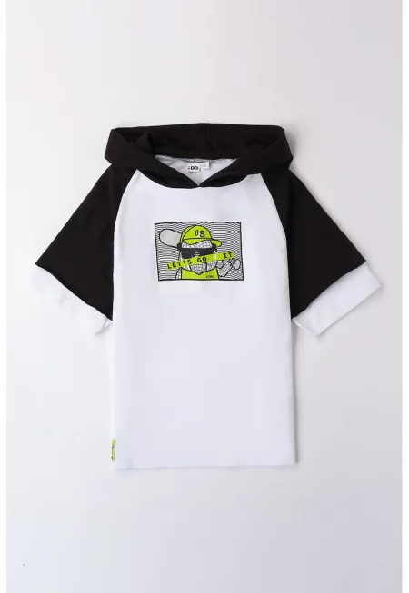 Памучно худи с принт - Избеляло черно/Бледозелен/Бял