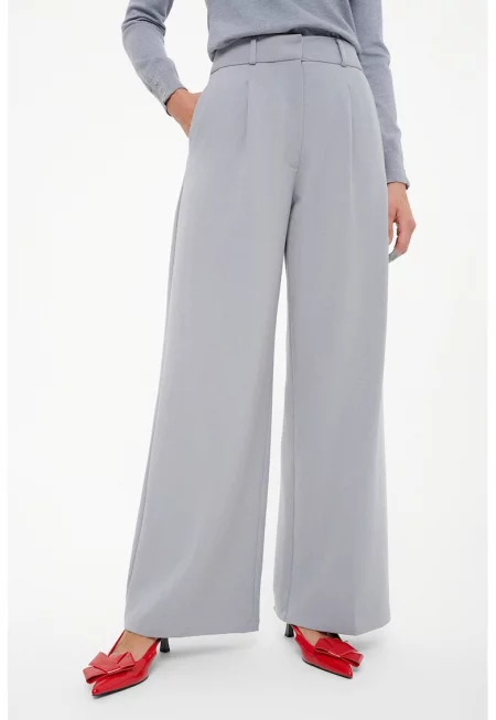 Панталон с широк крачол и висока талия - Светло сив