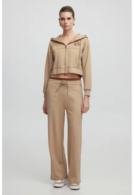 Панталон с широк крачол и връзка - Бежов