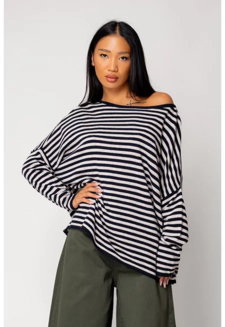 Пуловер на райета от смес от вълна и кашмир Бежов/Тъмносин 18059