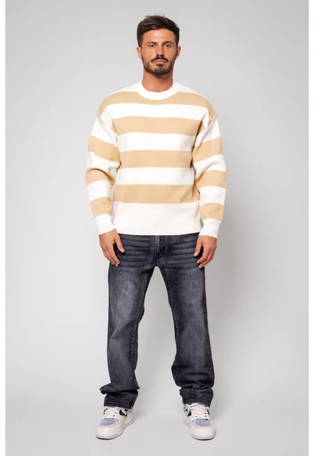 Пуловер от смесена вълна на райета - Off White/Beige 14267 - Бял/Бежов