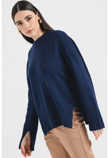 Пуловер с вълна и цепки встрани - Тъмносин