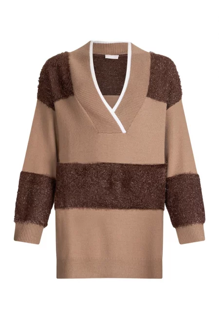 Пуловер с вълна с дълбок шпиц - Кафяв