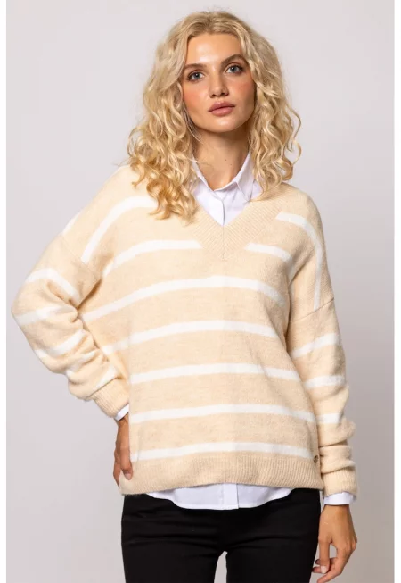 Раиран пуловер Hasic с шпиц - Бял/Бежов