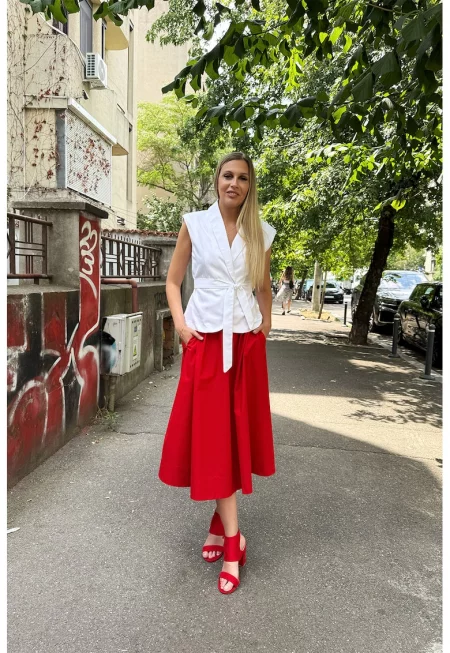 Разкроена пола с джобове - Червен