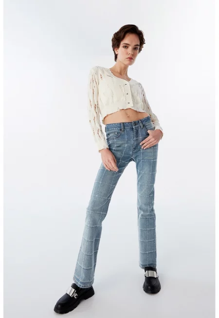 Разкроени дънки до глезена с декоративни шевове - Син меланж