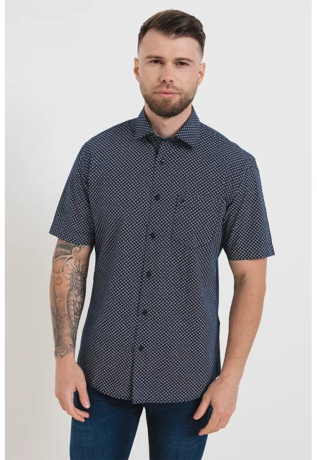 Риза от памук с джоб на гърдите и шарка - Бял/Тъмносин